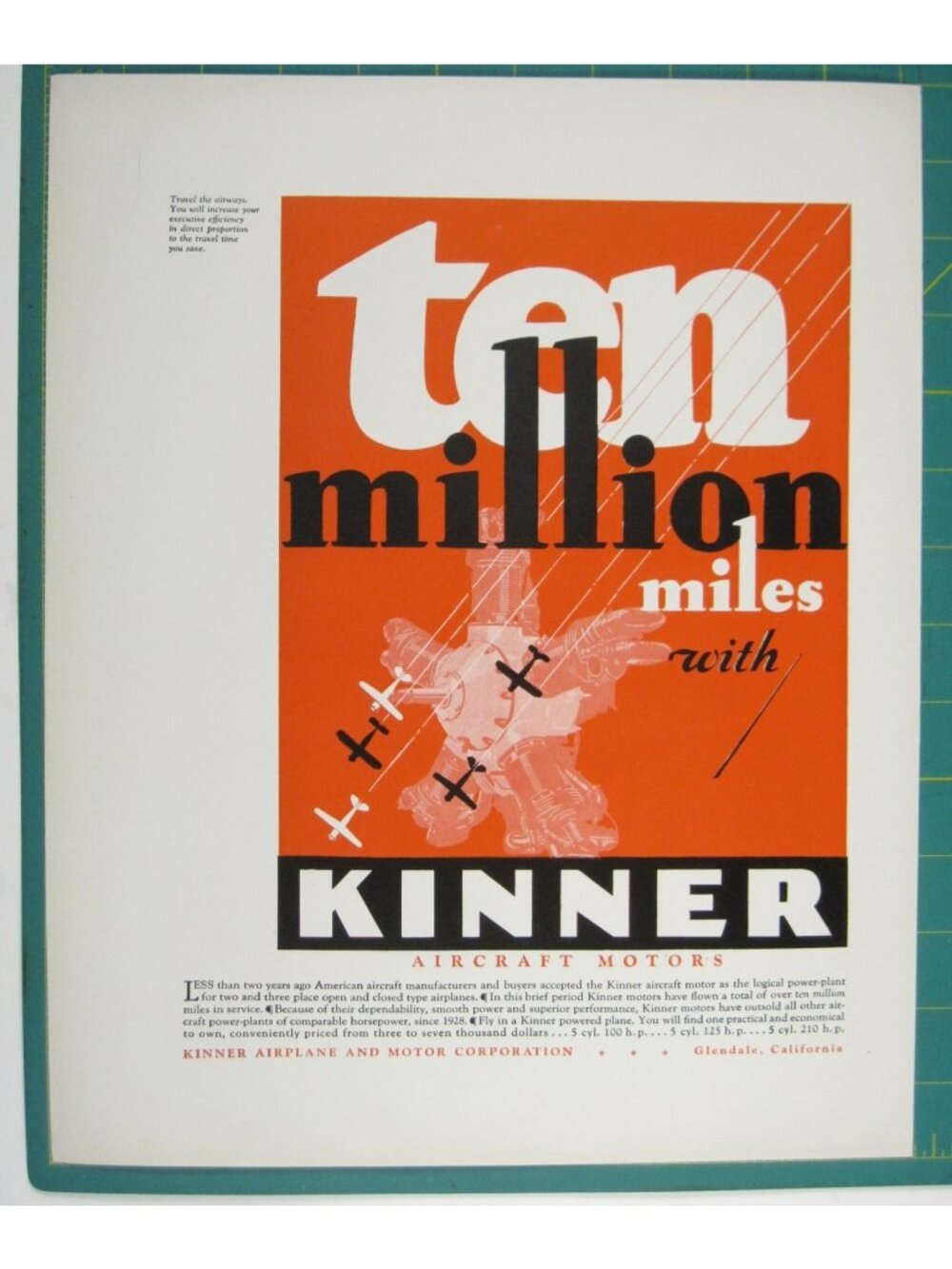 Print Ad Kinner Aircraft Motors Glendale California Vintage 1930s Aviation